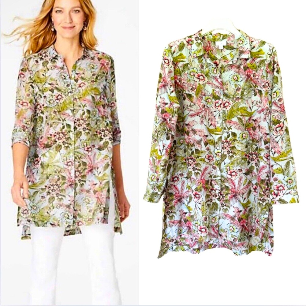 Jill Cotton Silk Blend Hummingbird Button Down Tunic M